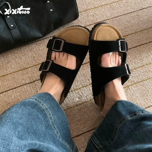 细细条 休闲时尚方扣磨砂牛皮勃肯鞋夏防滑外穿软木双带拖鞋女ins