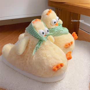 网红居家月子鞋 细细条 新款 女2025冬季 毛绒绒可爱立体小鸡棉拖鞋