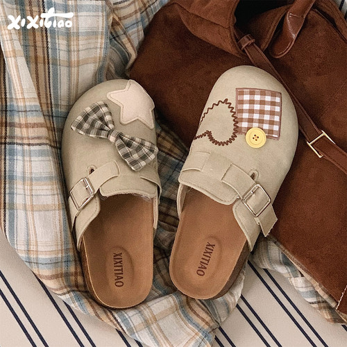 细细条ins格子蝴蝶结勃肯鞋女