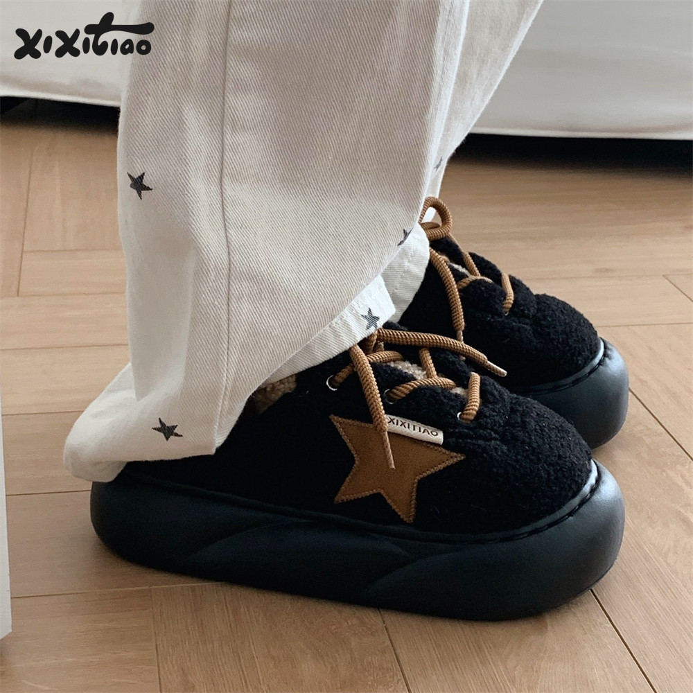 细细条复古星星羊羔毛棉拖鞋