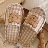 女春秋可爱格子小熊居家空调房棉麻凉拖 通用亚麻拖鞋 细细条 四季