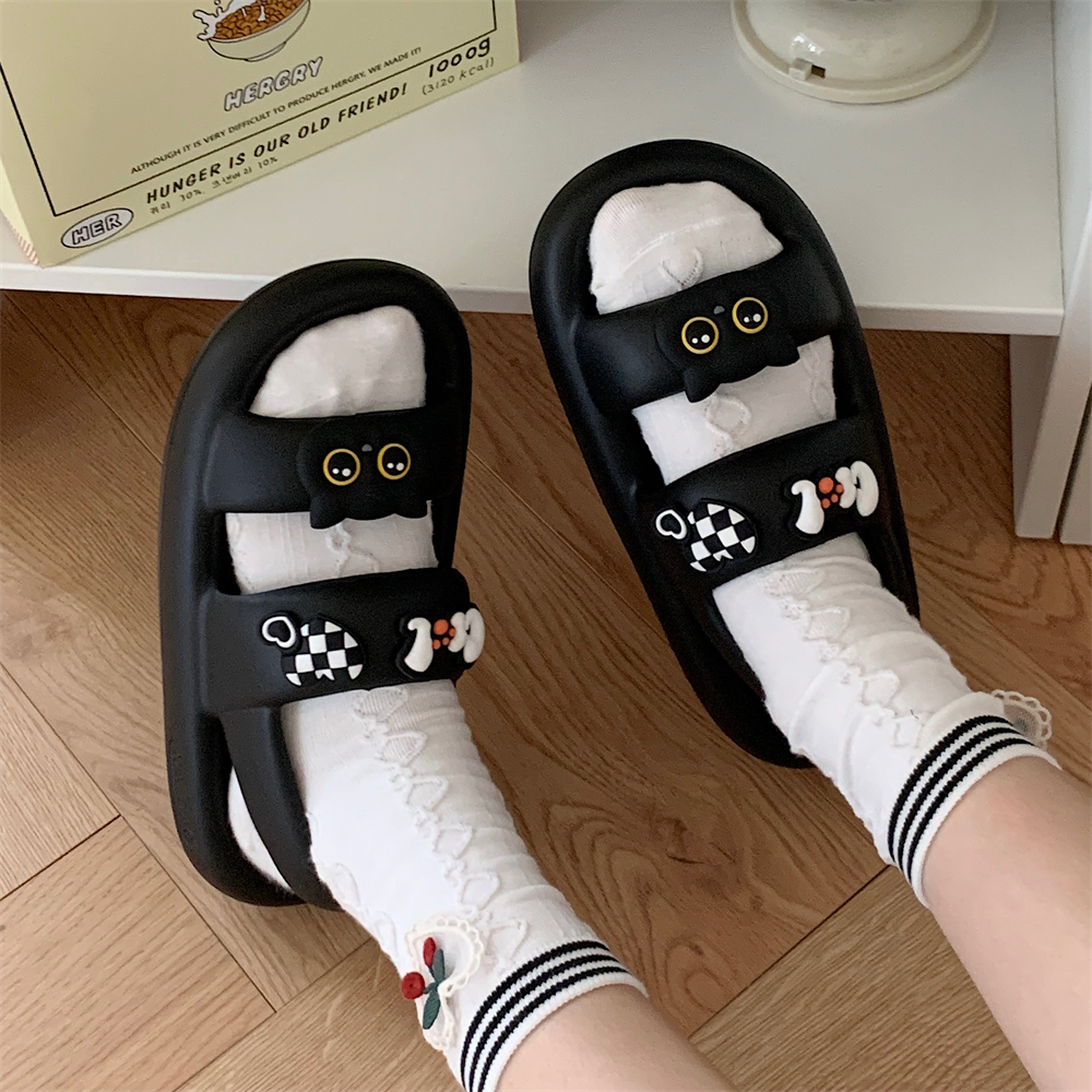 细细条可爱黑色小猫百搭沙滩凉鞋