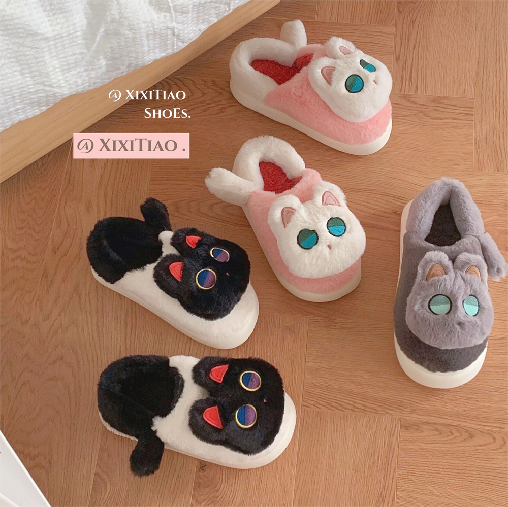 细细条保暖家用可爱小猫棉拖鞋