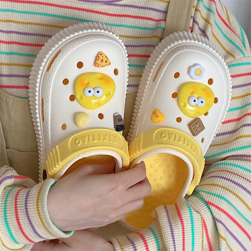 细细条可爱芝士奶酪厚底洞洞鞋女