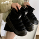 ins潮街头风加厚加绒女冬天棉鞋 细细条 高级感防水羽绒布短靴个性