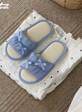 细细条 日系蝴蝶结吸汗地板鞋女卧室家用防滑春夏少女心棉麻拖鞋