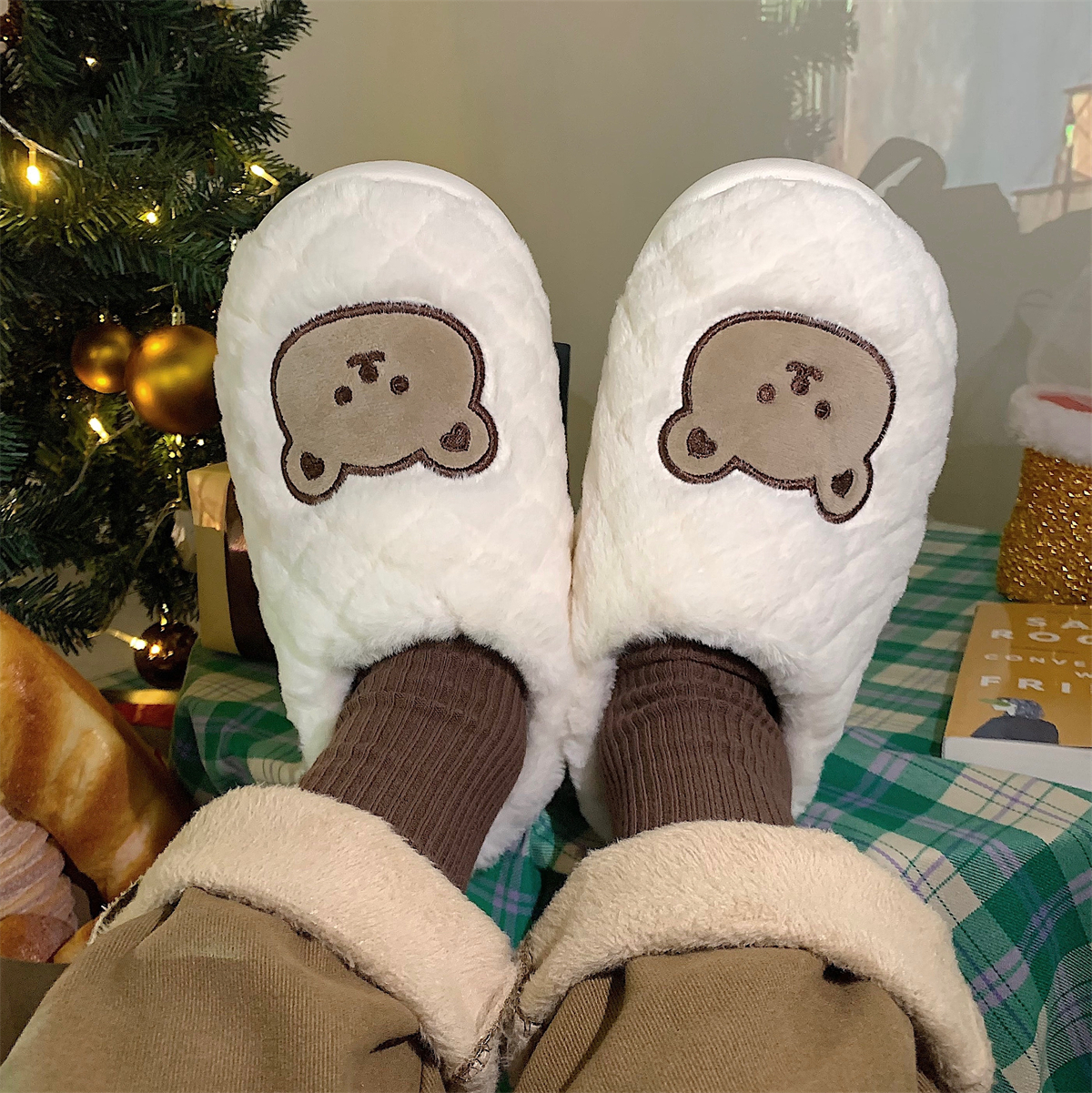 女冬可爱熊头包跟保暖防滑棉拖鞋