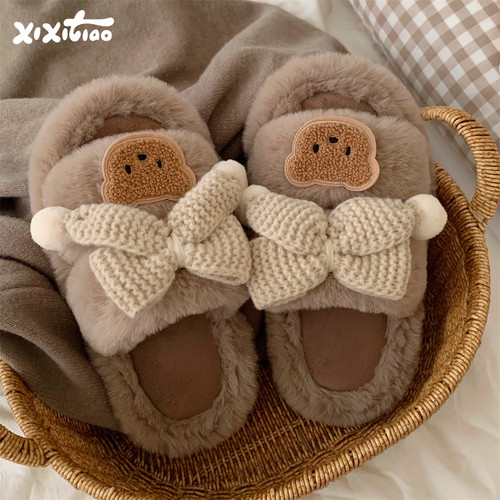 细细条针织蝴蝶结小熊毛毛拖鞋