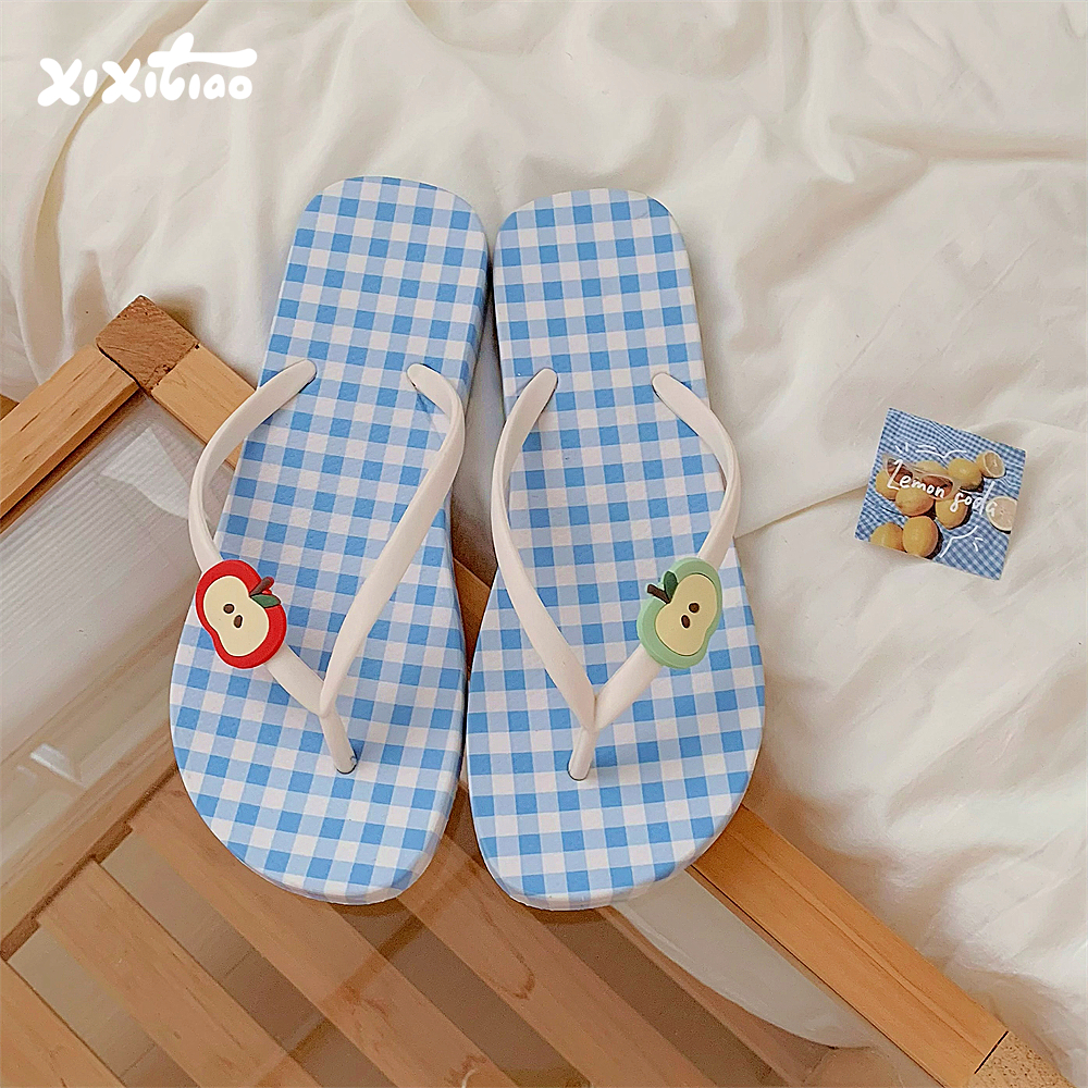 细细条撞色格子红苹果人字拖女