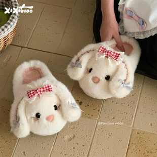 女冬ins少女心可爱居家毛毛月子鞋 细细条 洛丽塔蝴蝶结兔子棉拖鞋