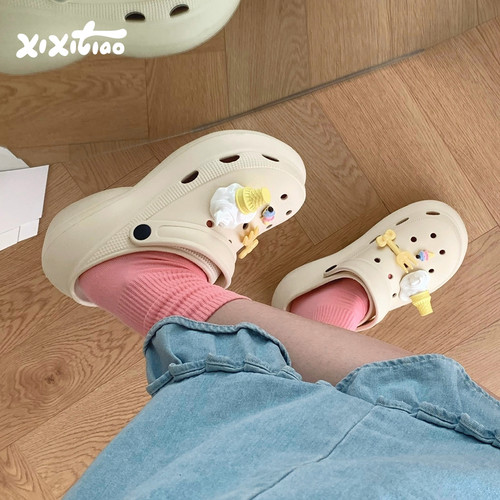 细细条diy冰淇淋叉子厚底洞洞鞋