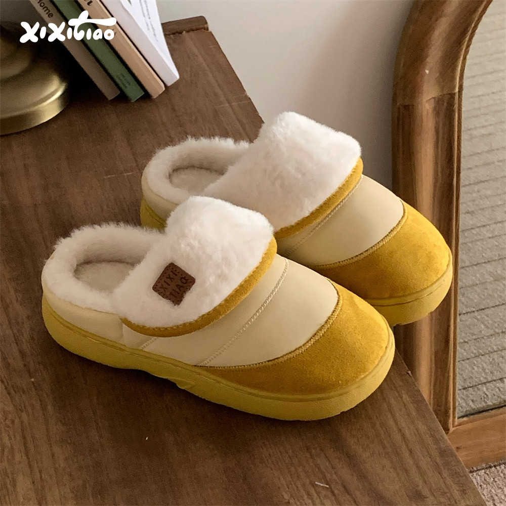 细细条 懒人一脚蹬加绒棉鞋女保暖防滑居家外穿冬季撞色棉拖鞋ins