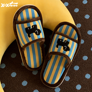 细细条 ins趣味小黑狗棉麻拖鞋女学生春夏舒适防滑居家吸汗地板鞋