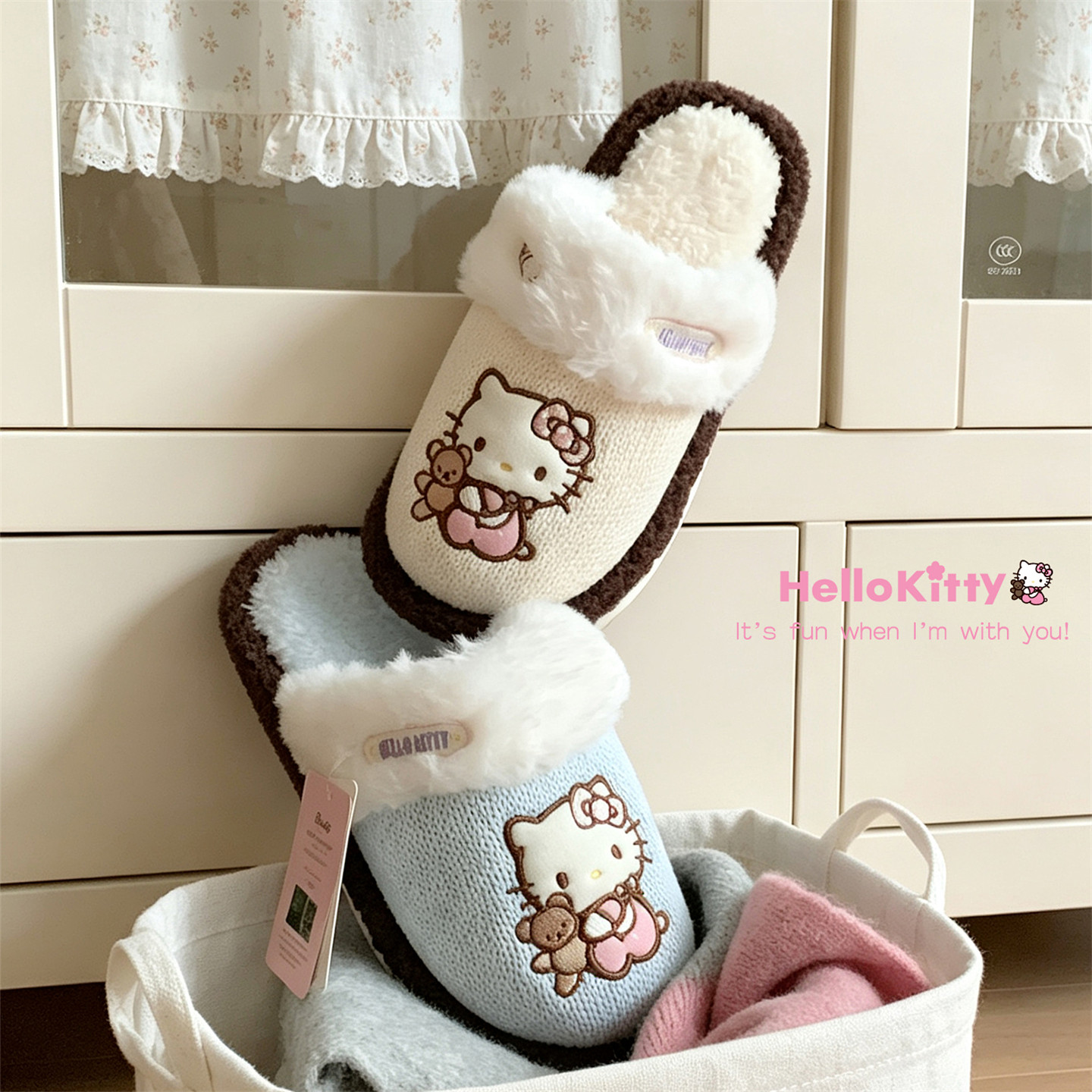 细细条 正版HelloKitty棉拖鞋女可爱少女心居家保暖毛绒月子鞋冬