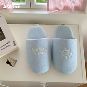 男女轻便防滑软底秋冬情侣居家地板鞋 细细条 韩系刺绣静音棉拖鞋