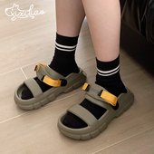 潮酷拼色情侣双带拖鞋 夏季 外穿防臭时尚 细细条 厚底男女沙滩凉鞋