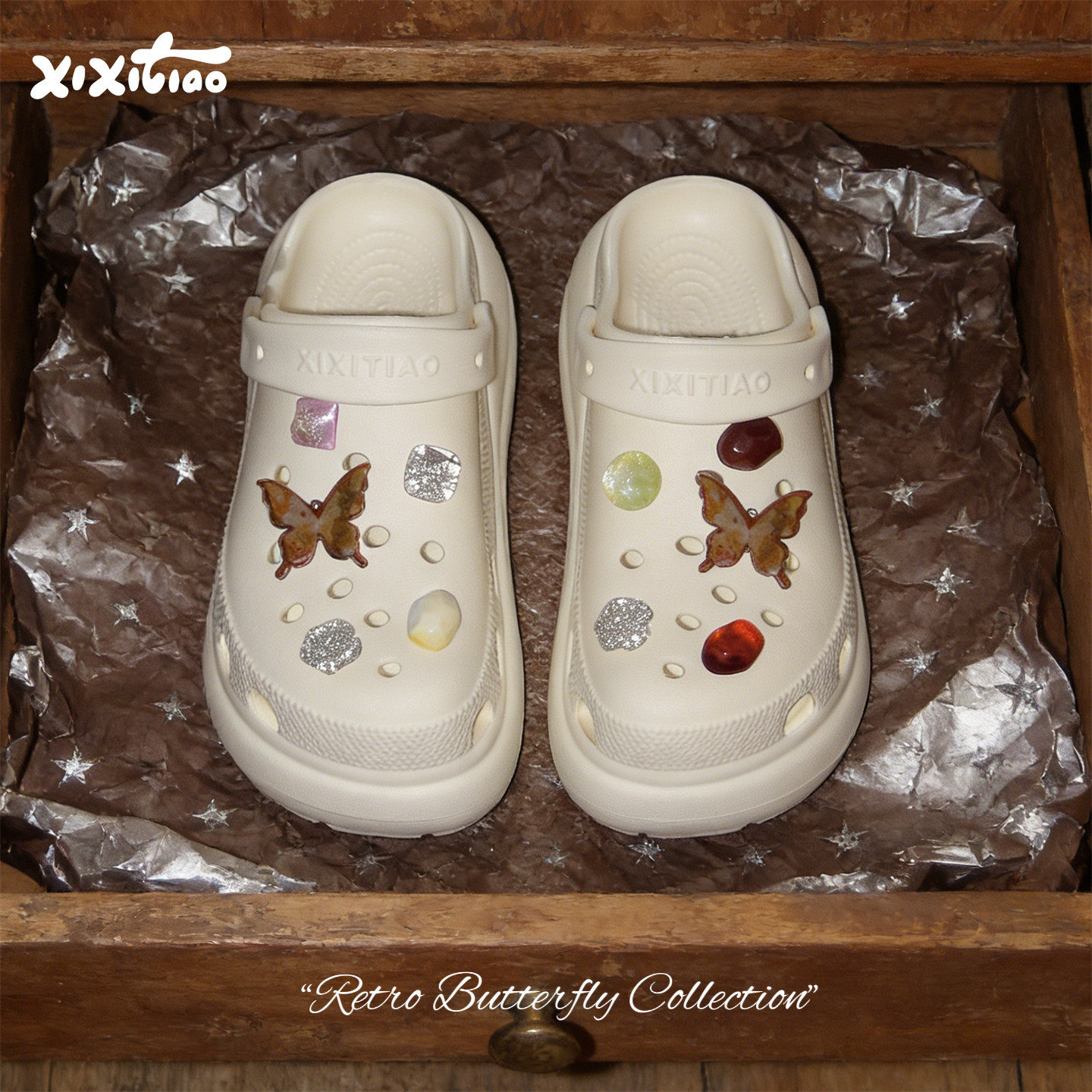 细细条 diy复古庄周梦蝶洞洞鞋女夏增高久站不累防滑足弓沙滩凉拖