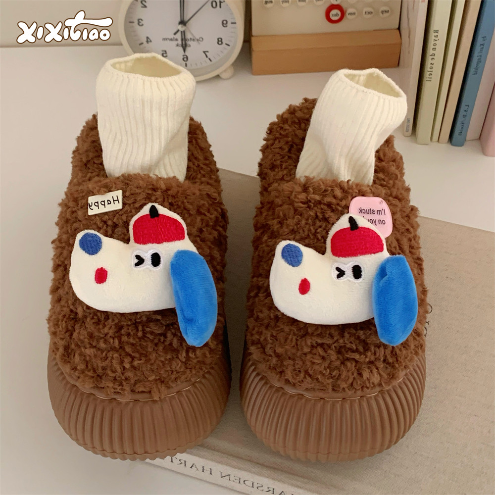 细细条个性蓝耳狗狗羊羔毛棉鞋