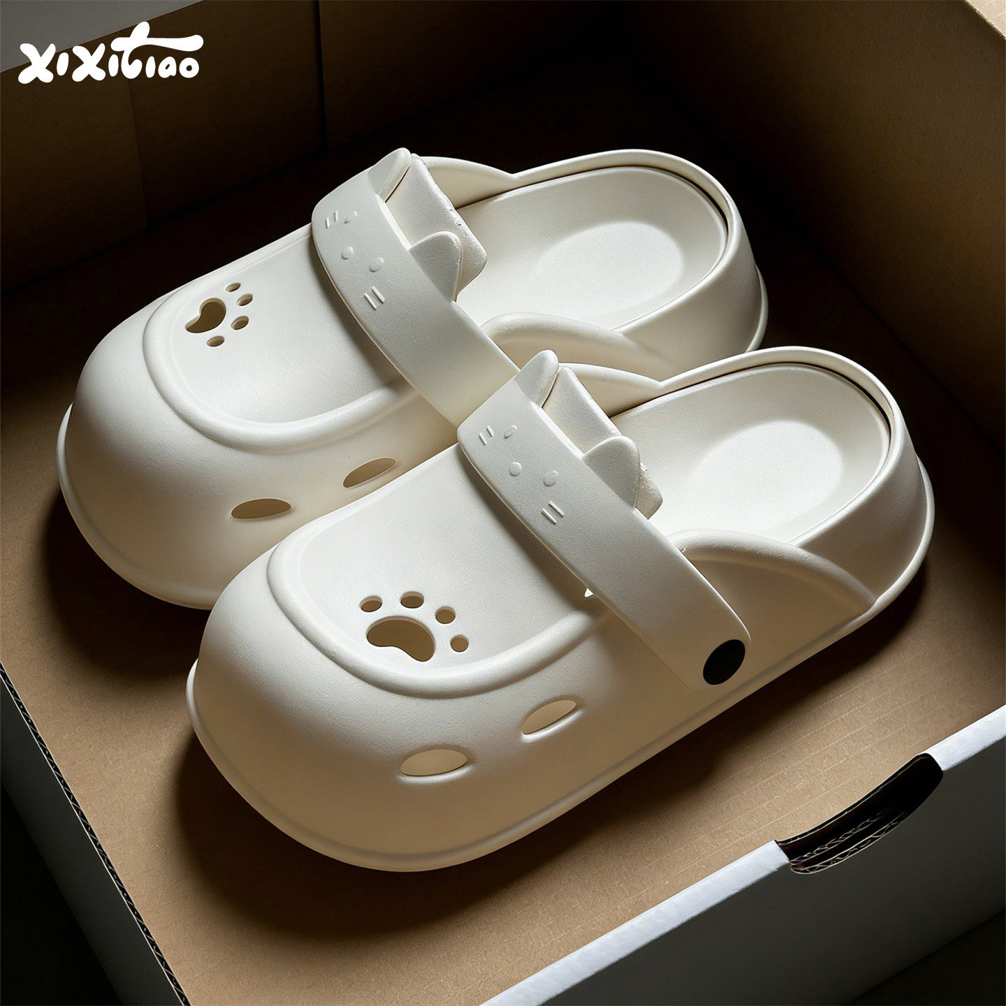 细细条 可爱猫爪勃肯拖鞋女足弓防滑厚底包头凉拖洞洞鞋沙滩鞋夏