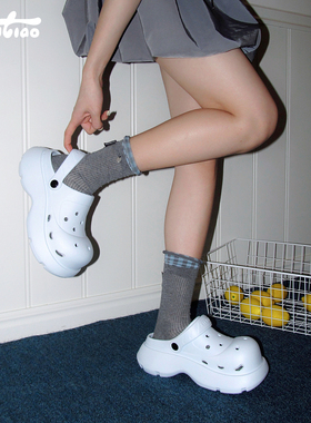 细细条 奶蓝色增高厚底可爱圆头洞洞鞋女夏季外穿新款凉拖鞋凉鞋