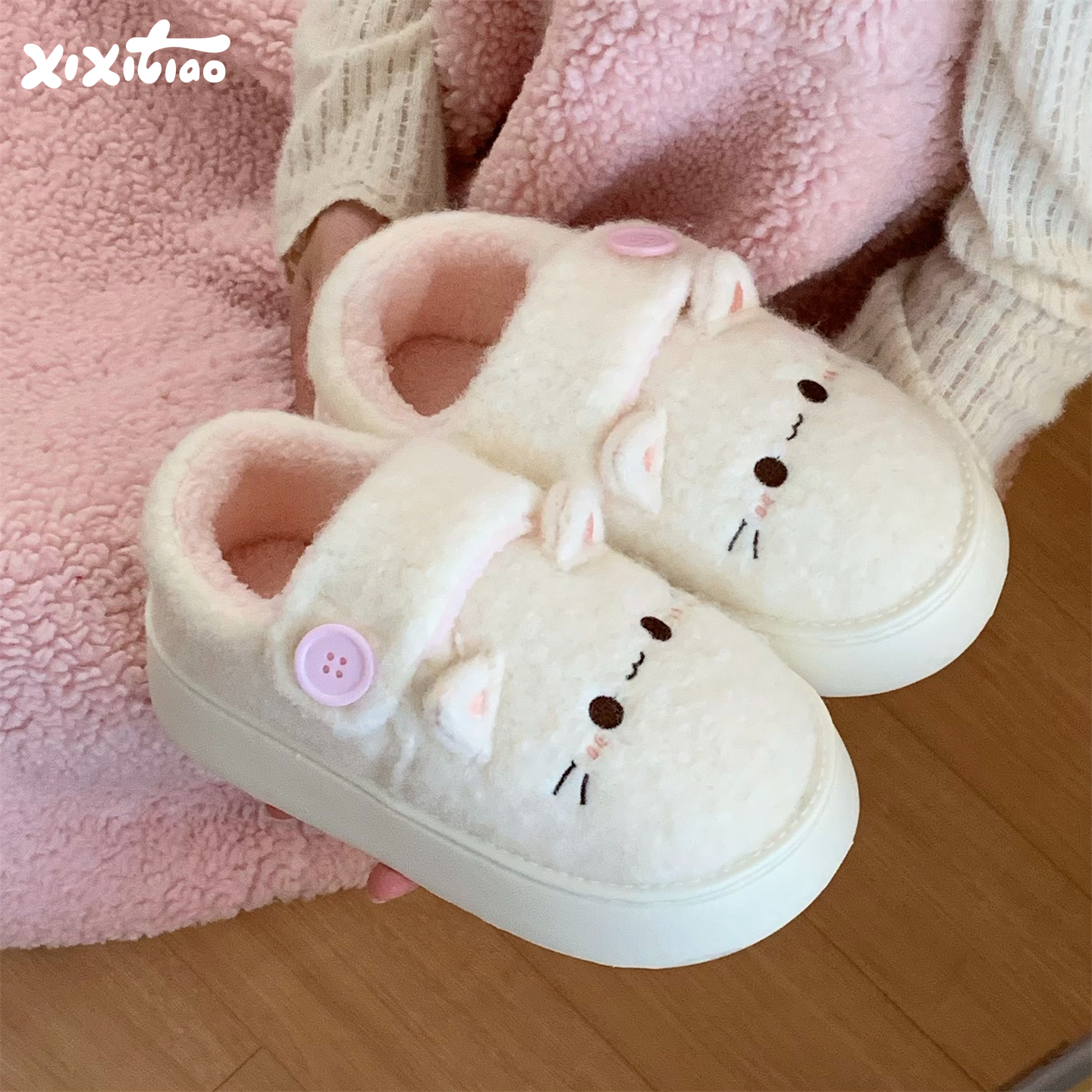 细细条软萌小兔加绒乐福棉鞋