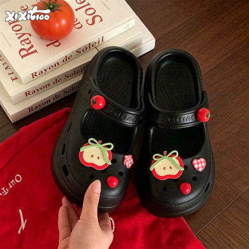 细细条diy可爱苹果沙滩凉拖鞋