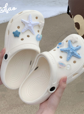 细细条 蓝色海星贝壳海边沙滩鞋足弓包头凉鞋夏季仙女风洞洞鞋女