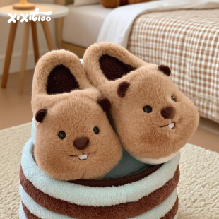 情侣保暖毛绒绒家居月子鞋 男女冬季 软萌可爱土拨鼠棉拖鞋 细细条