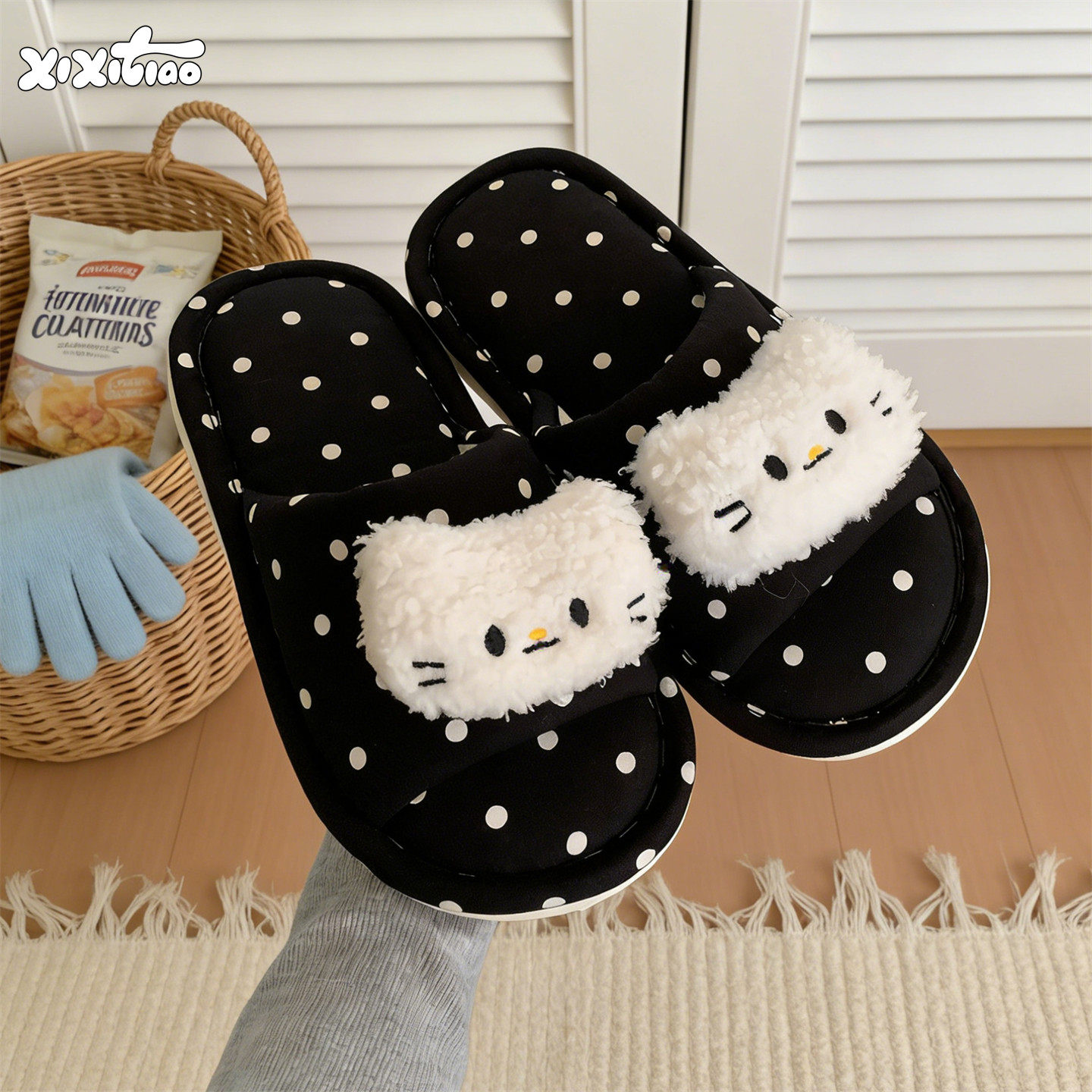 细细条 可爱居家地板鞋女卧室防滑舒适吸汗小猫咪棉布拖鞋四季款