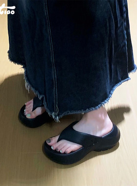 细细条增高厚底奶蓝色人字拖女