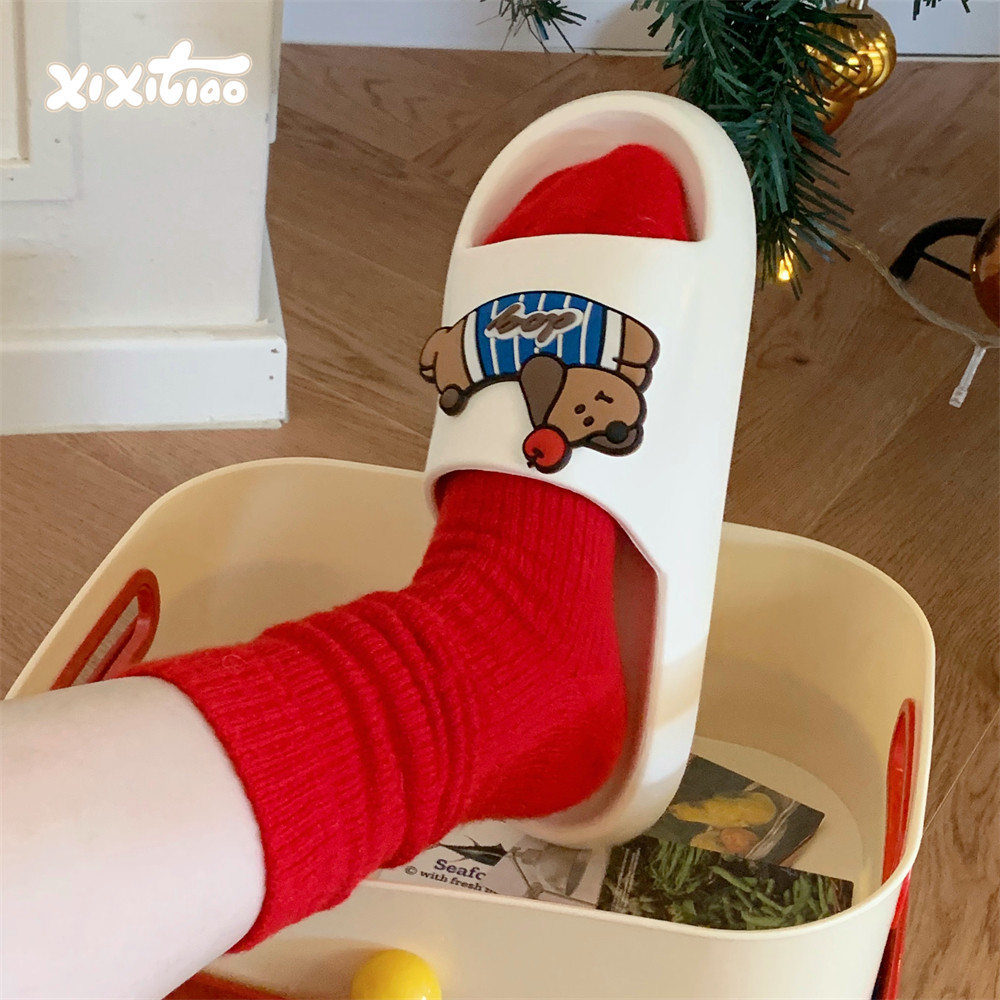 细细条个性苹果小狗凉拖鞋男女