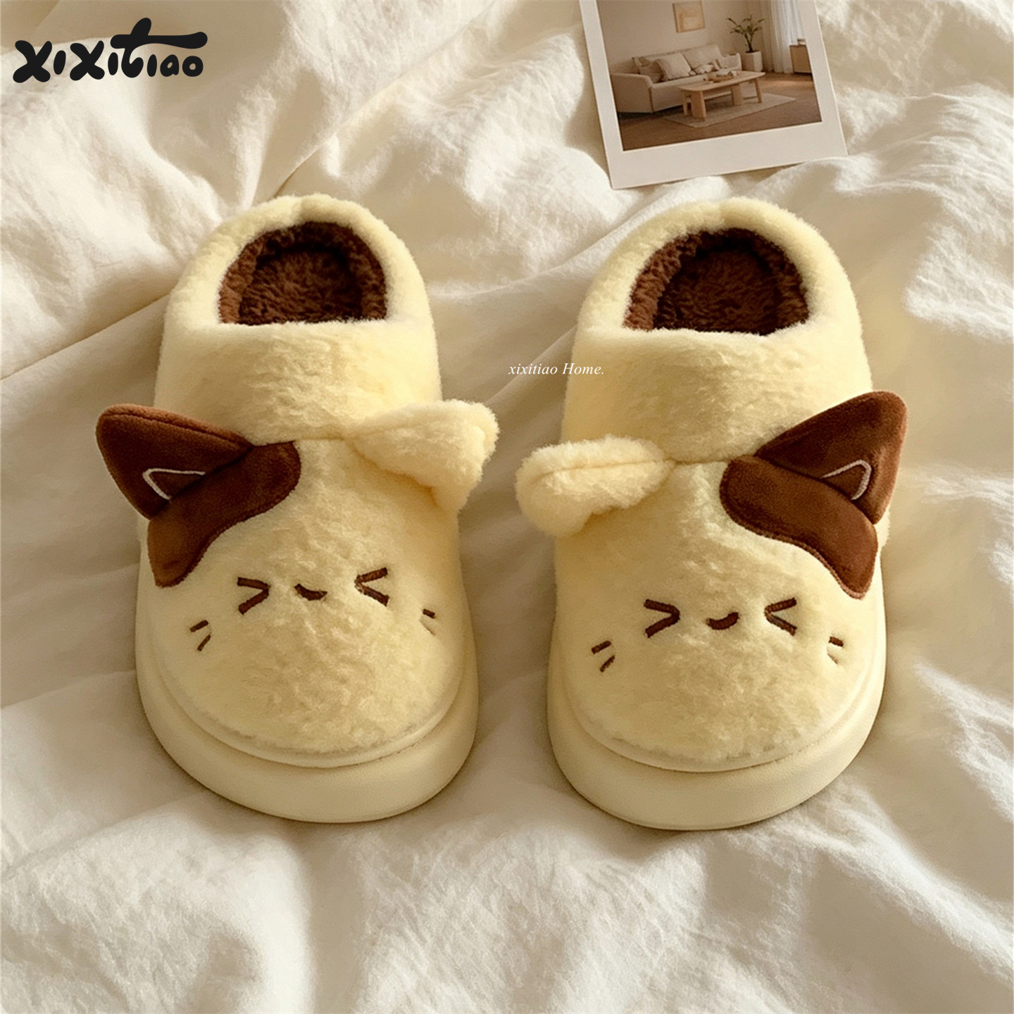 细细条 日系卡通小猫情侣棉拖鞋舒适家居秋冬保暖男女撞色毛毛鞋