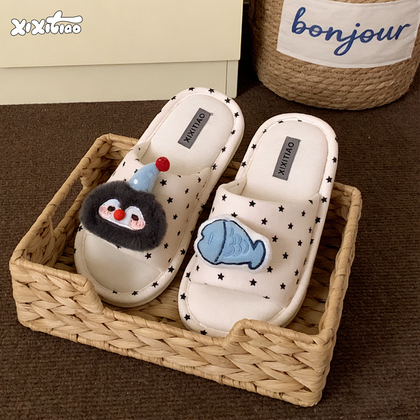 细细条 企鹅小鱼一字棉麻拖鞋女透气不闷脚四季款可爱居家地板鞋