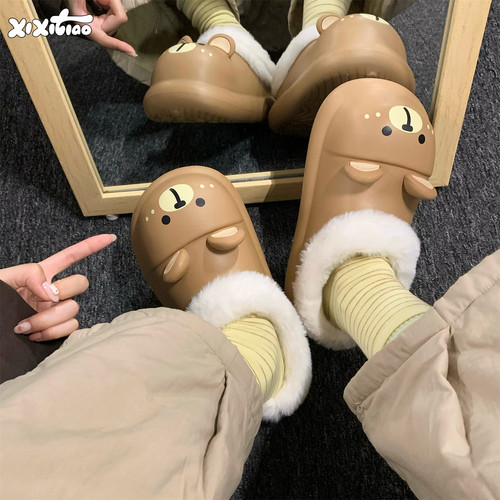 细细条日系小熊防水棉拖鞋女