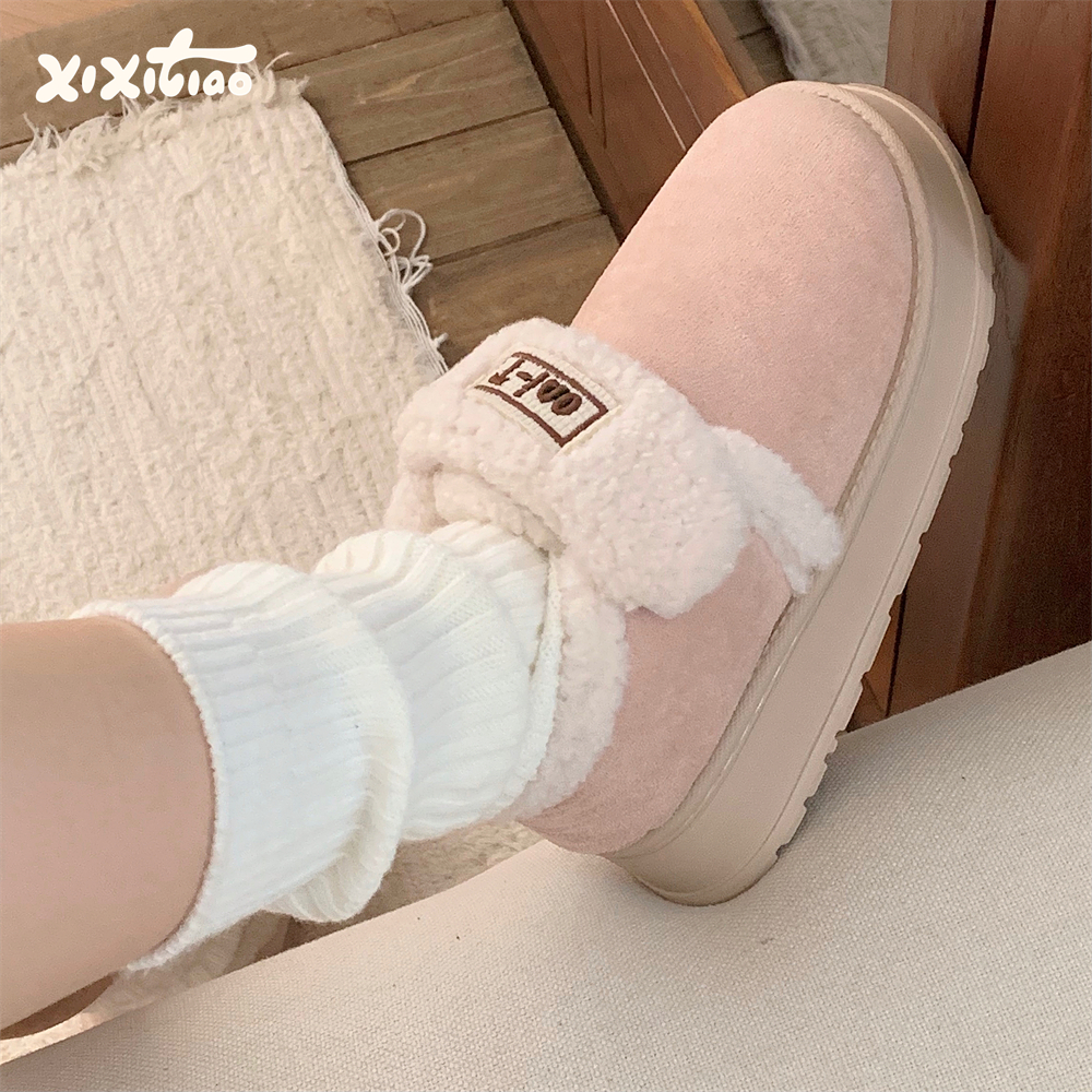 细细条少女粉色网红面包棉鞋