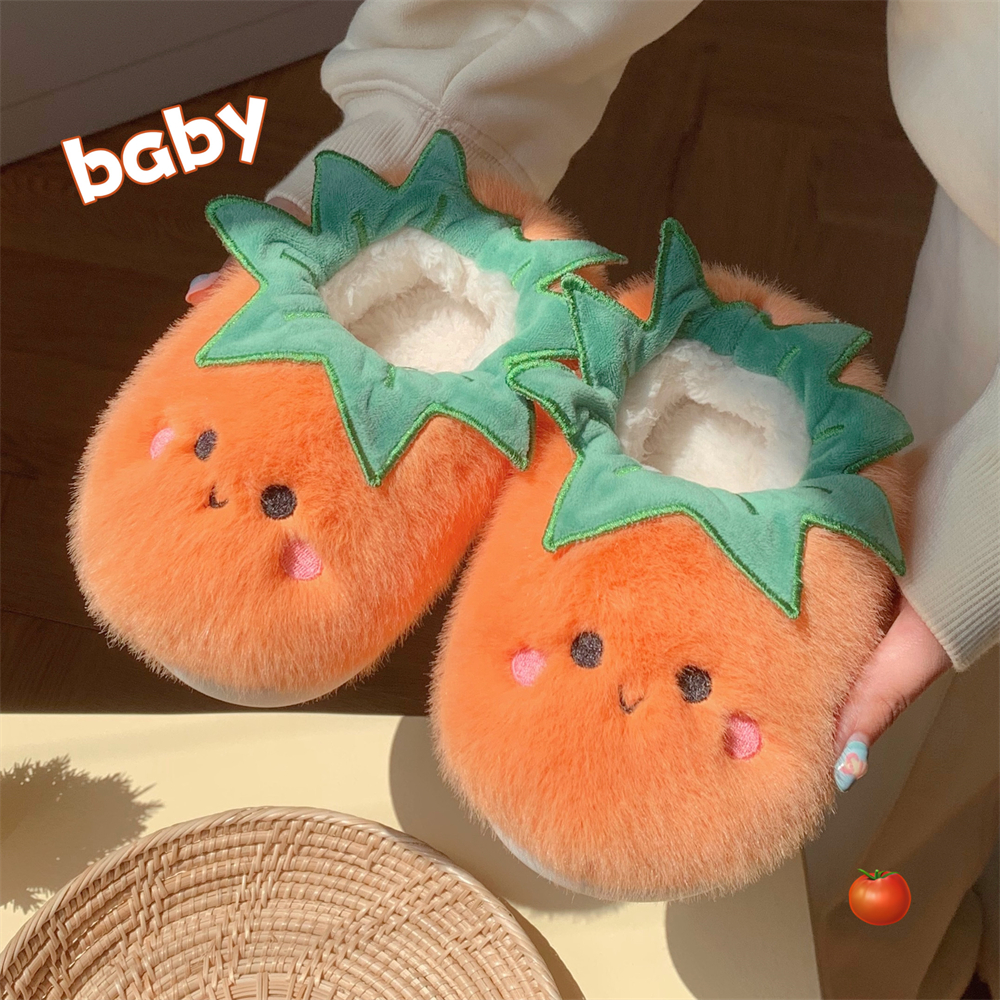 细细条可爱番茄毛绒全包跟棉拖鞋