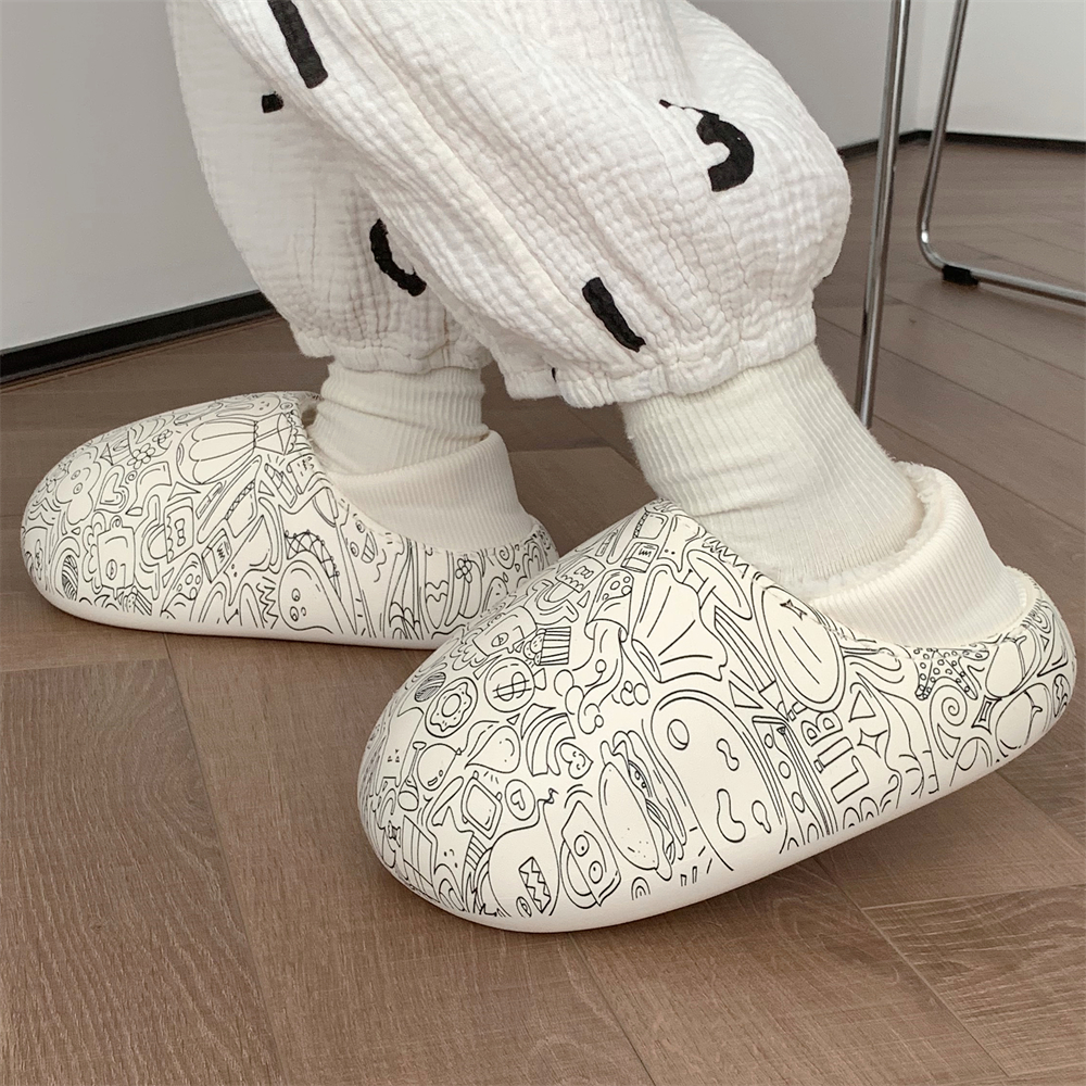 细细条个性防水室内外穿棉拖鞋冬