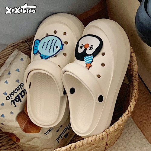 细细条可爱企鹅小鱼户外凉拖鞋