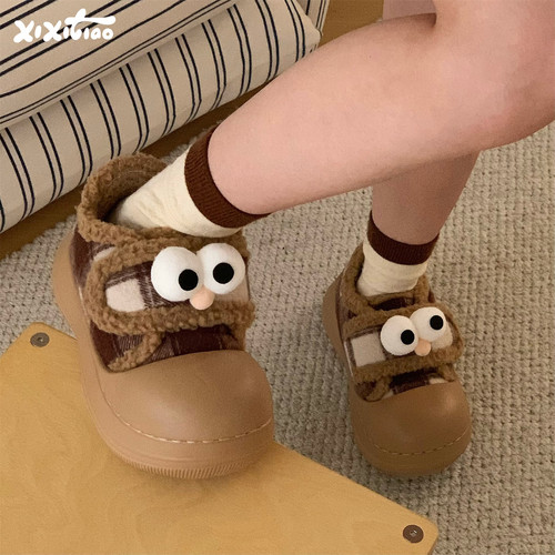 细细条 外穿百搭防滑厚底魔术贴毛毛棉鞋女趣味大眼睛面包鞋冬ins