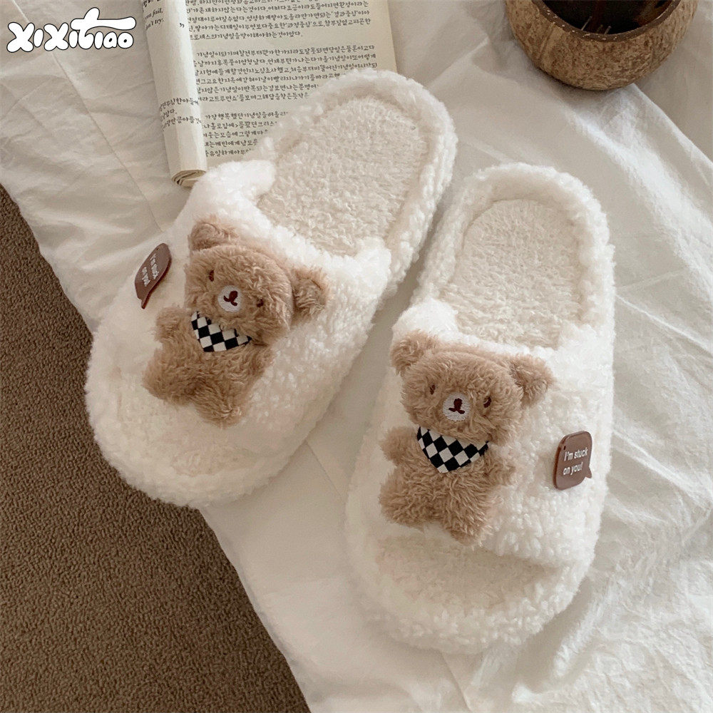 细细条 创意字牌小熊一字棉拖鞋秋冬时尚平底防滑居家毛毛拖鞋女,居家布艺,居家棉拖/棉鞋,淘宝优惠券,粉丝福利购,淘宝优惠卷