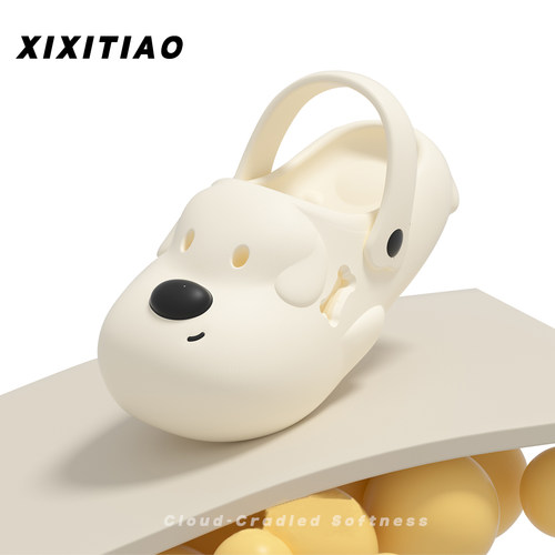 细细条个性小狗包头洞洞鞋女