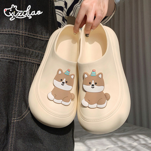 细细条趣味小狗夏季防滑半拖鞋女