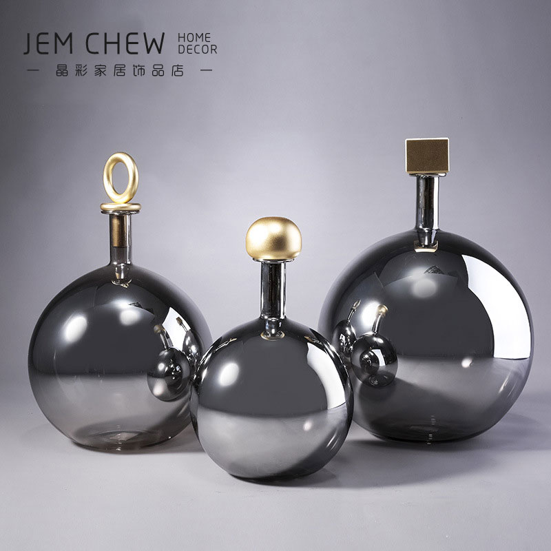 现代创意圆球小口大肚透明玻璃花瓶 金属铜盖软装设计水培插花器