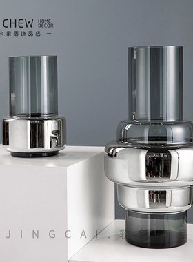 轻奢北欧电镀金灰色玻璃花瓶高款落地水培花器家居样板房桌面摆件