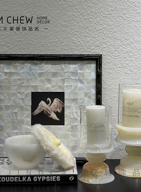 样板间售楼处中古风客厅玄关桌面收纳盒玉石烛台床头柜贝壳装饰画