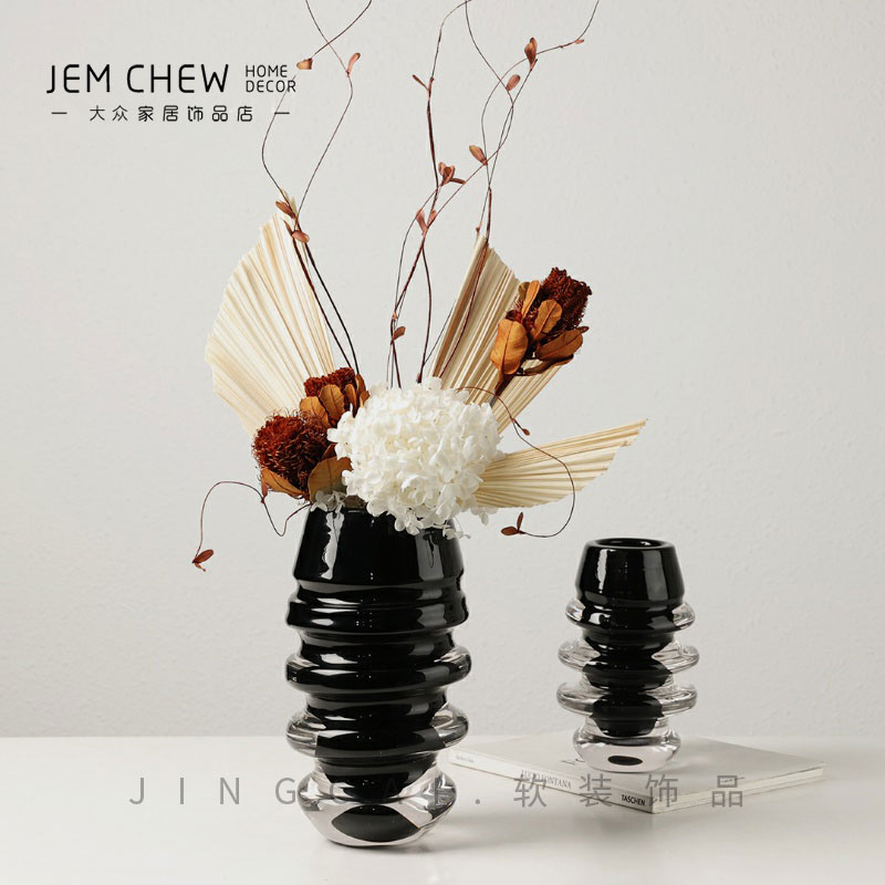高档艺术轻奢黑色玻璃花瓶插花花艺摆件样板间售楼处客厅餐桌饰品