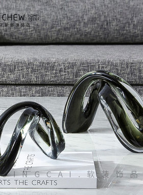 轻奢现代黑白手工玻璃艺术抽象卧室玄关客厅家居售楼桌面几何摆件