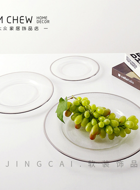 高级感透明布纹圆形浅口大果盘玻璃碟子家居装饰品餐桌摆件果盘