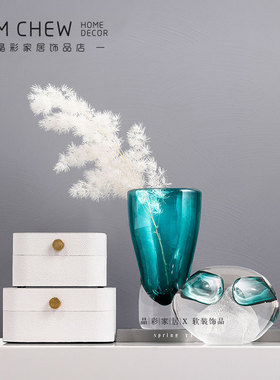 北欧轻奢蓝色水晶琉璃花瓶衣帽间客厅插花水培软装家居饰品摆件