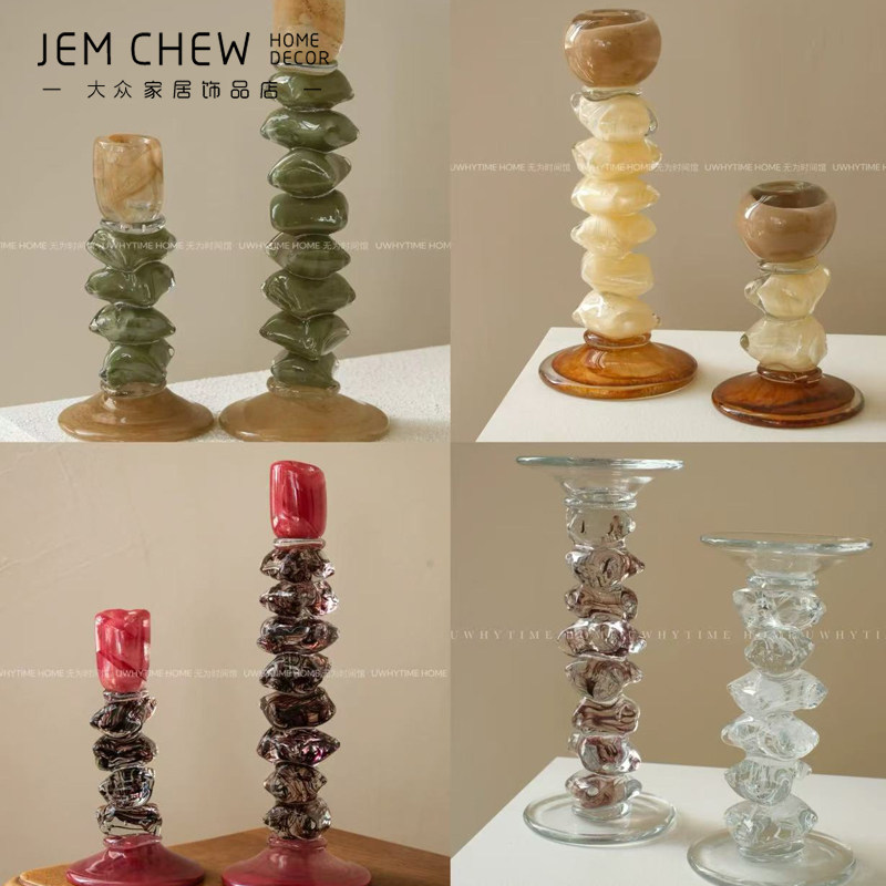 中古手工琉璃花瓶烛台复古棕方块层叠设计侘寂风东方美学软装摆件